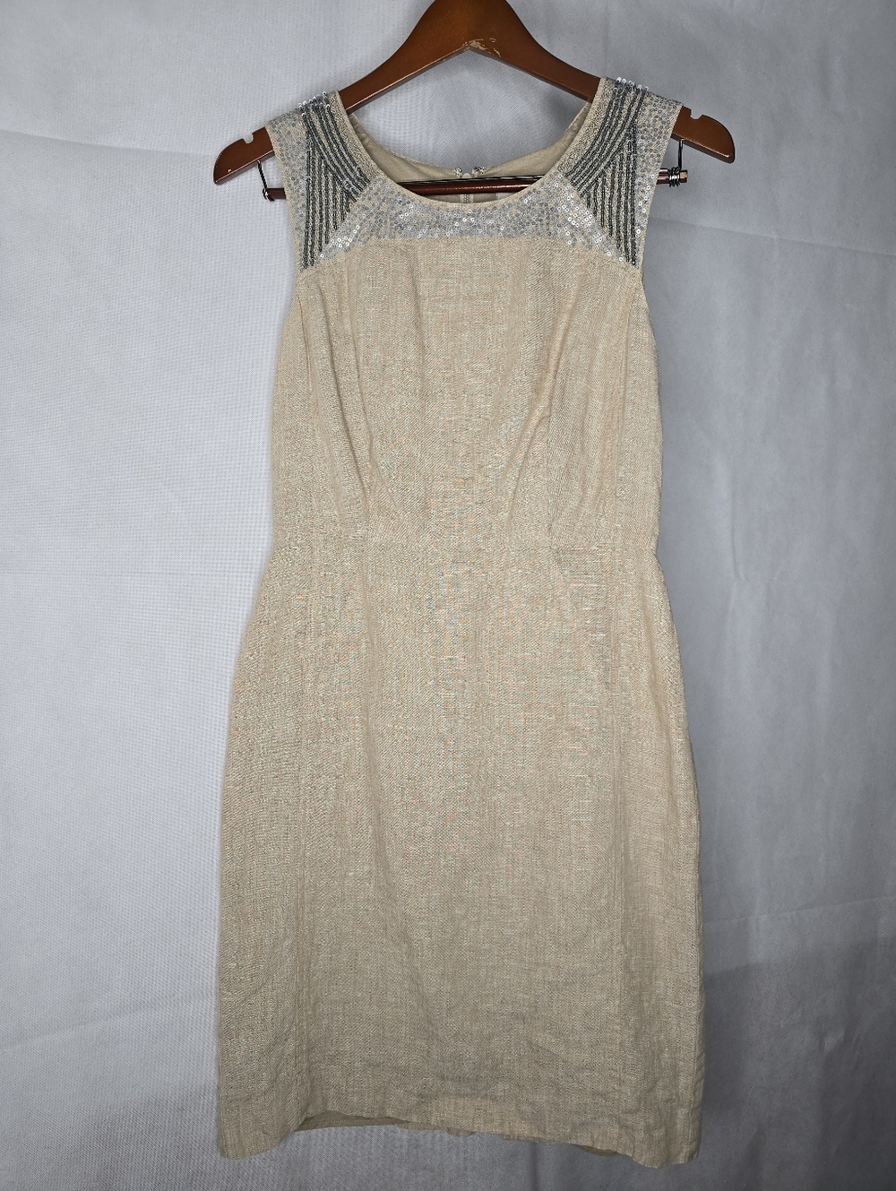 LOFT Linen Sheath Dress Beige Sequin Beaded Sleeveless Knee Length Lined 2